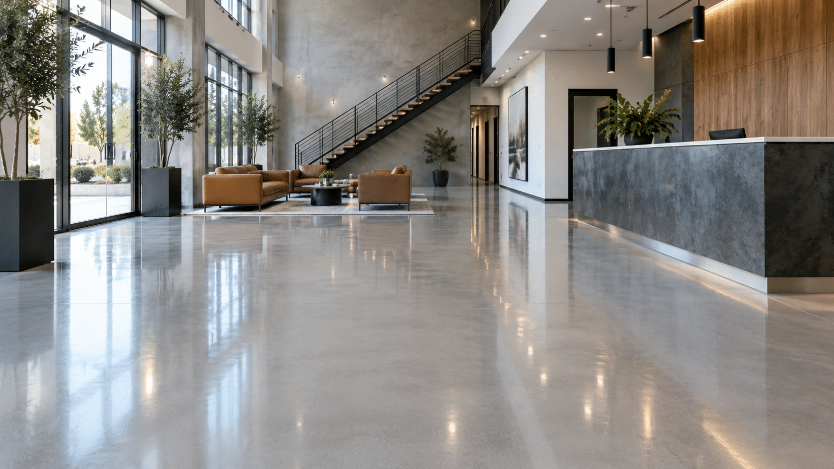 Plancher commercial en époxy gris dans un espace professionnel moderne au Québec