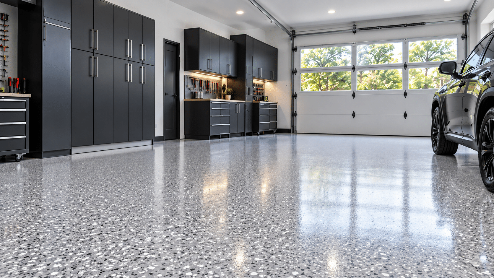 Plancher de garage en époxy gris avec flocons dans un garage moderne au Québec
